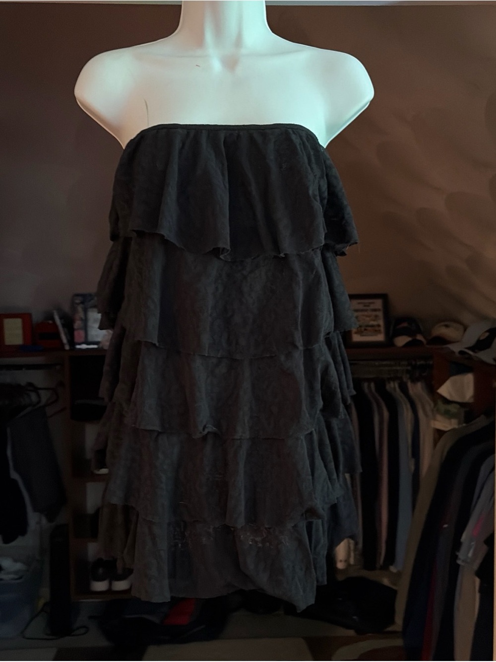 Victoria’s Secret Swim Cover Up Black Leopard Lace Ruffled Strapless Dress XS